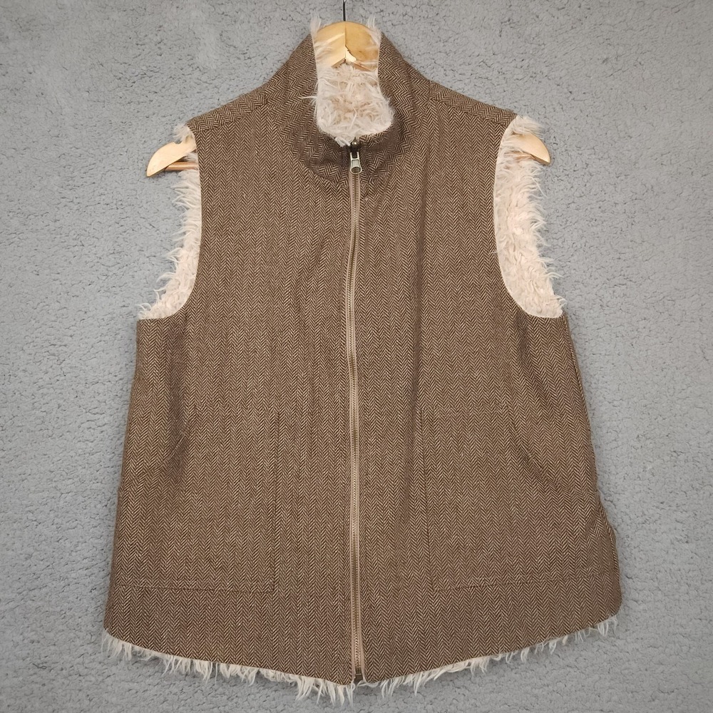 Vintage Herringbone Tweed Vest Womens Fur Lined Full Zip